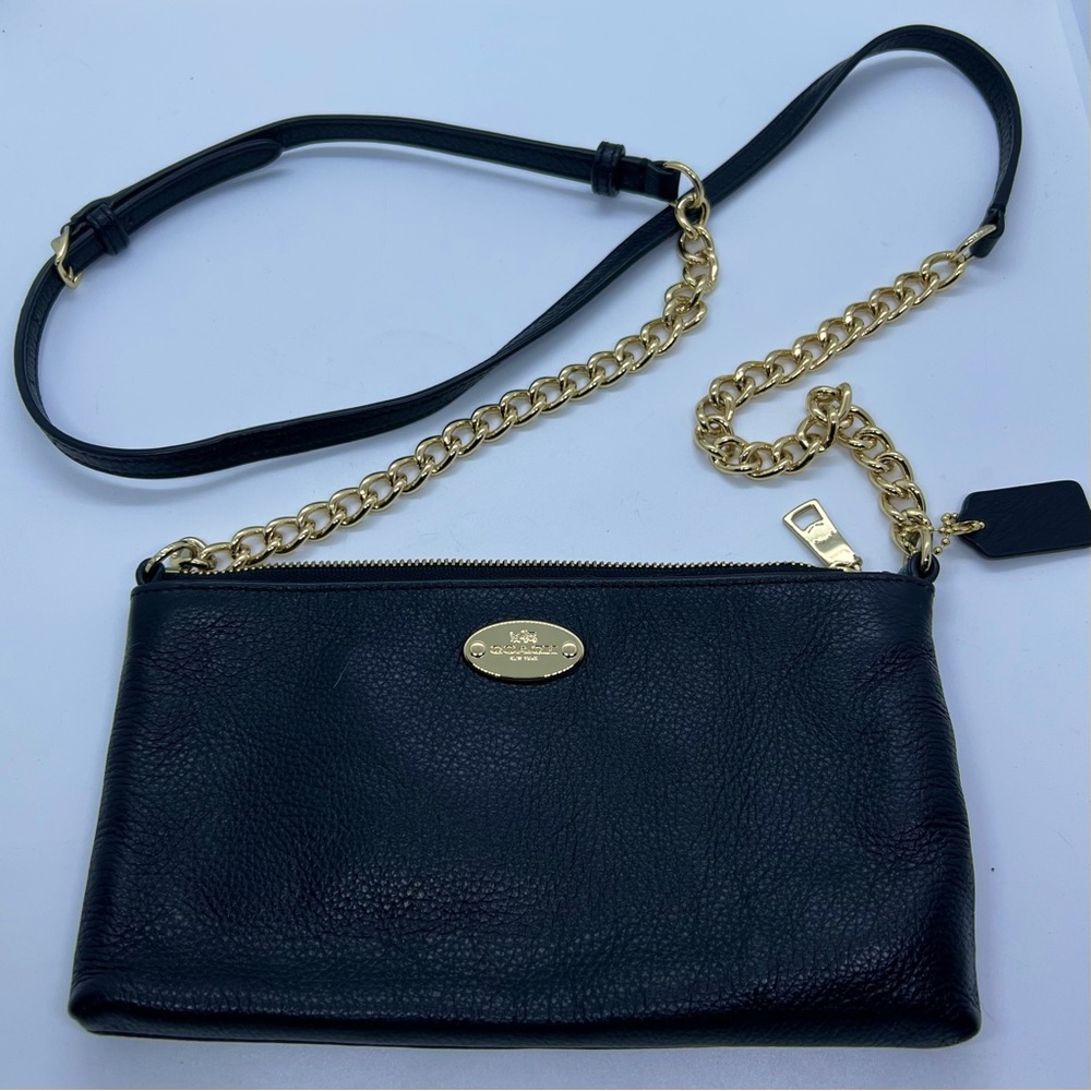 Coach Black Pebbled Leather Crossbody Bag Gold Chain